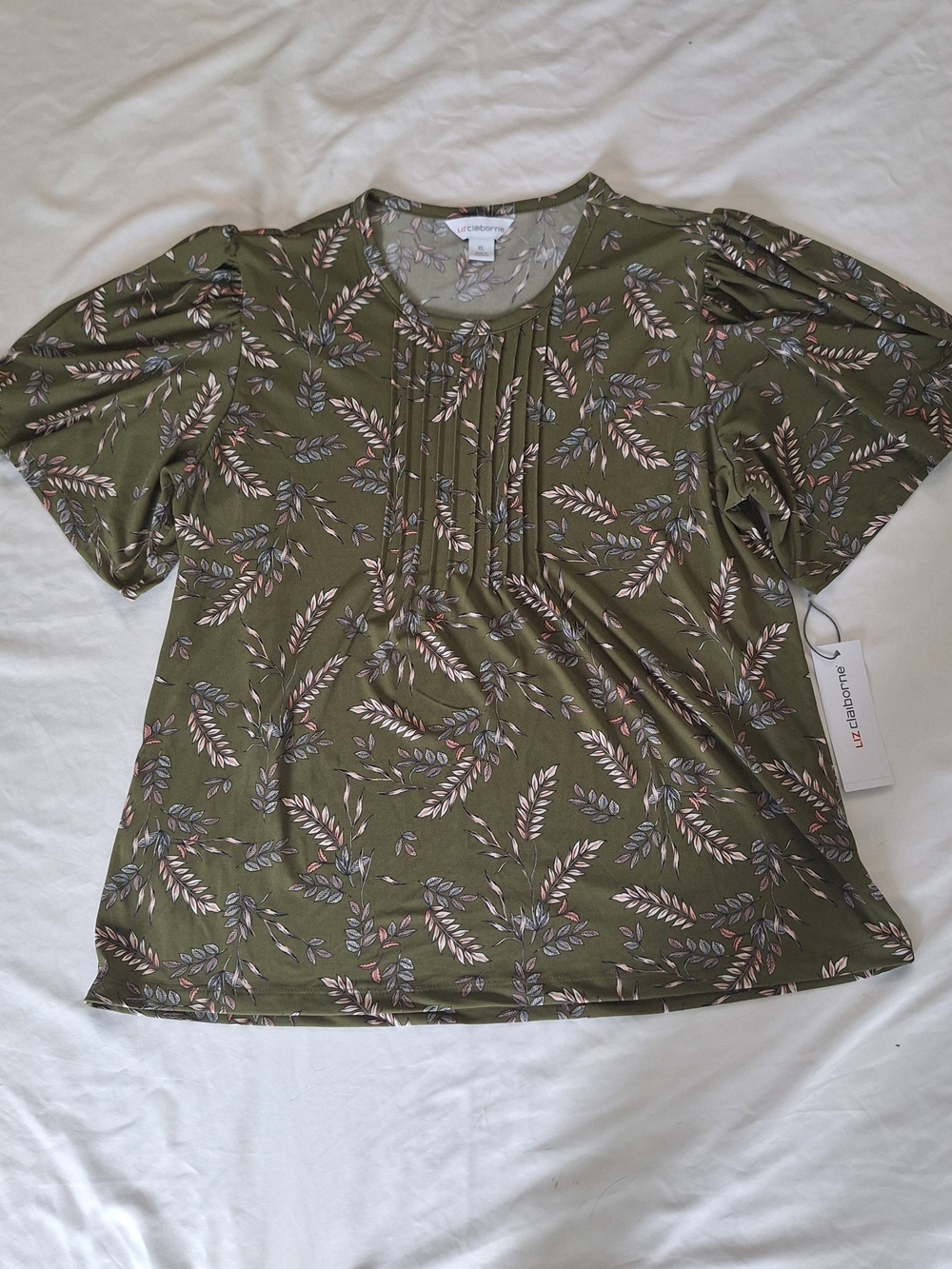 New Liz Claiborne XL Women Blouse Top Ruffle Sleeve Green W/Leaves Shirt Work